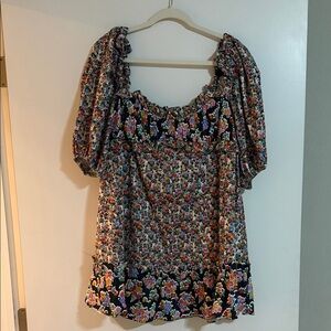 For Love and Lemons Black Floral Puff-Sleeve Square Neck Tunic - Multicolor